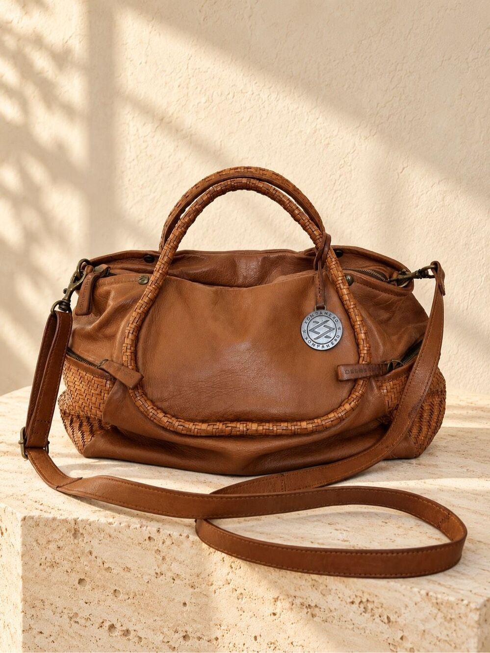 Kompanero Tan Leather Woven Satchel Shoulder Bag Cognac